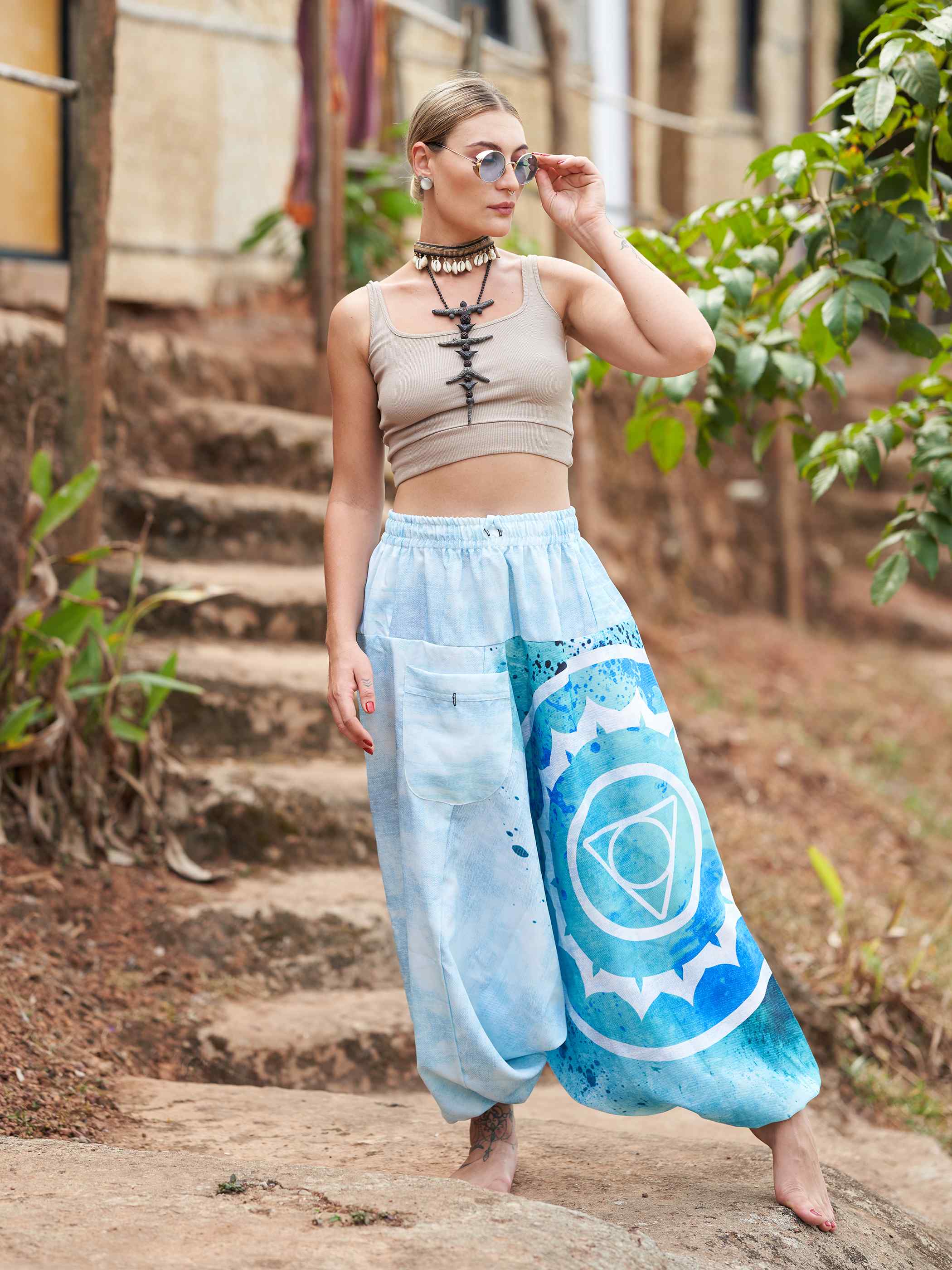 Turquoise Siwa Embroidered Linen Harem Pants - Jozee Boutique