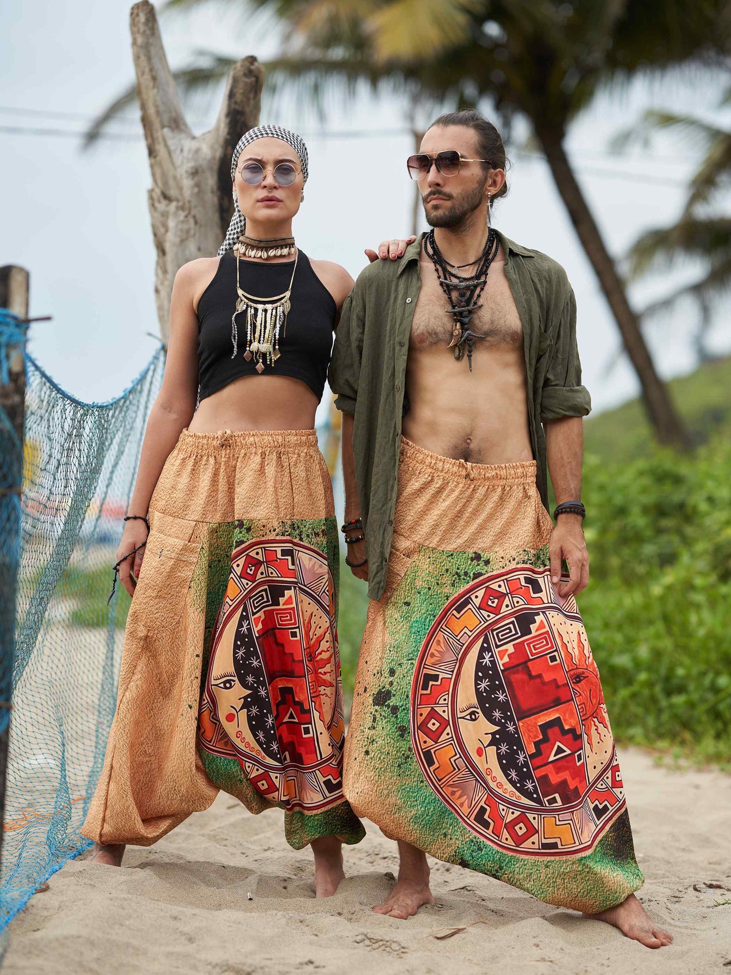 Buy Men's Sun and Moon Print Boho Genie Hippy Harem Pants For Travel Yoga Dance 