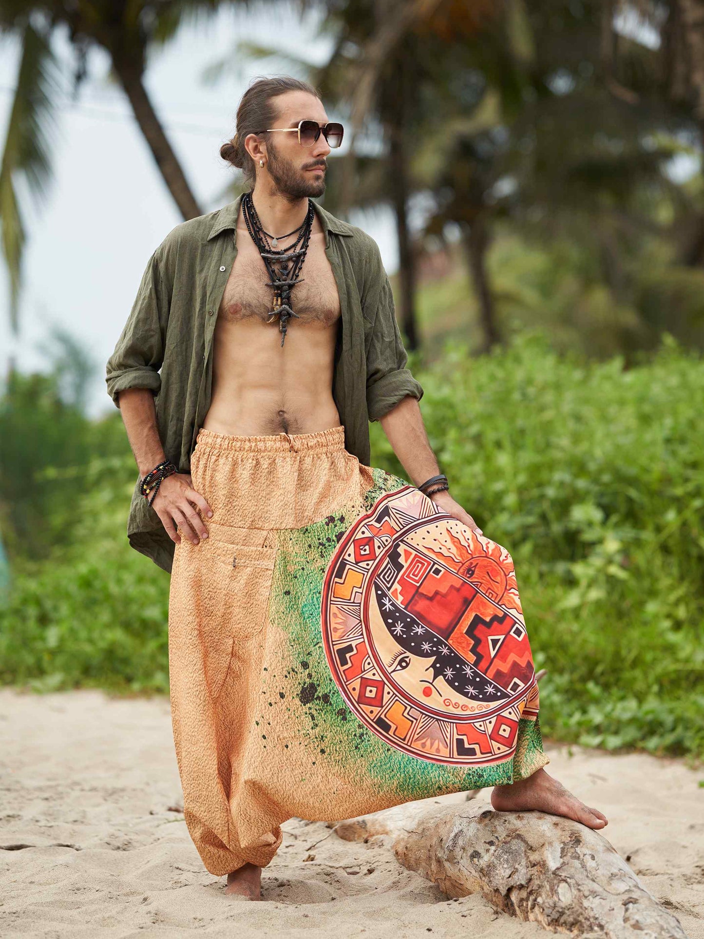 Buy Men's Sun and Moon Print Boho Genie Hippy Harem Pants For Travel Yoga Dance 