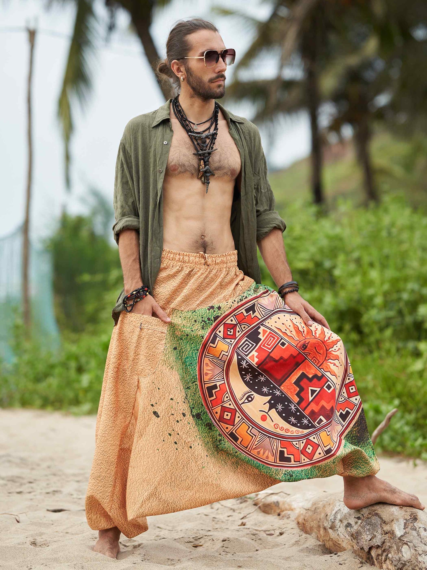 Buy Men's Sun and Moon Print Boho Genie Hippy Harem Pants For Travel Yoga Dance 