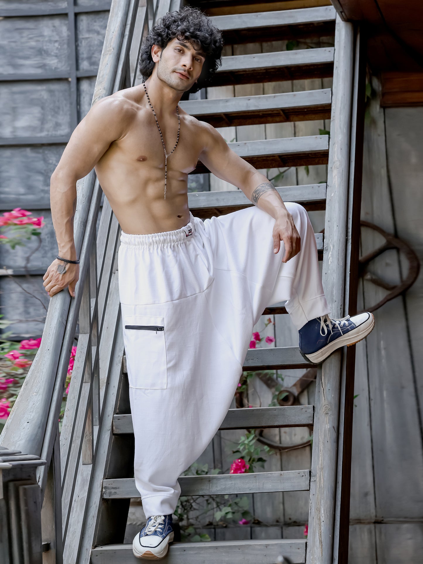 Men's White Bohemian Hippy Harem Pants For Dance Travel Yoga