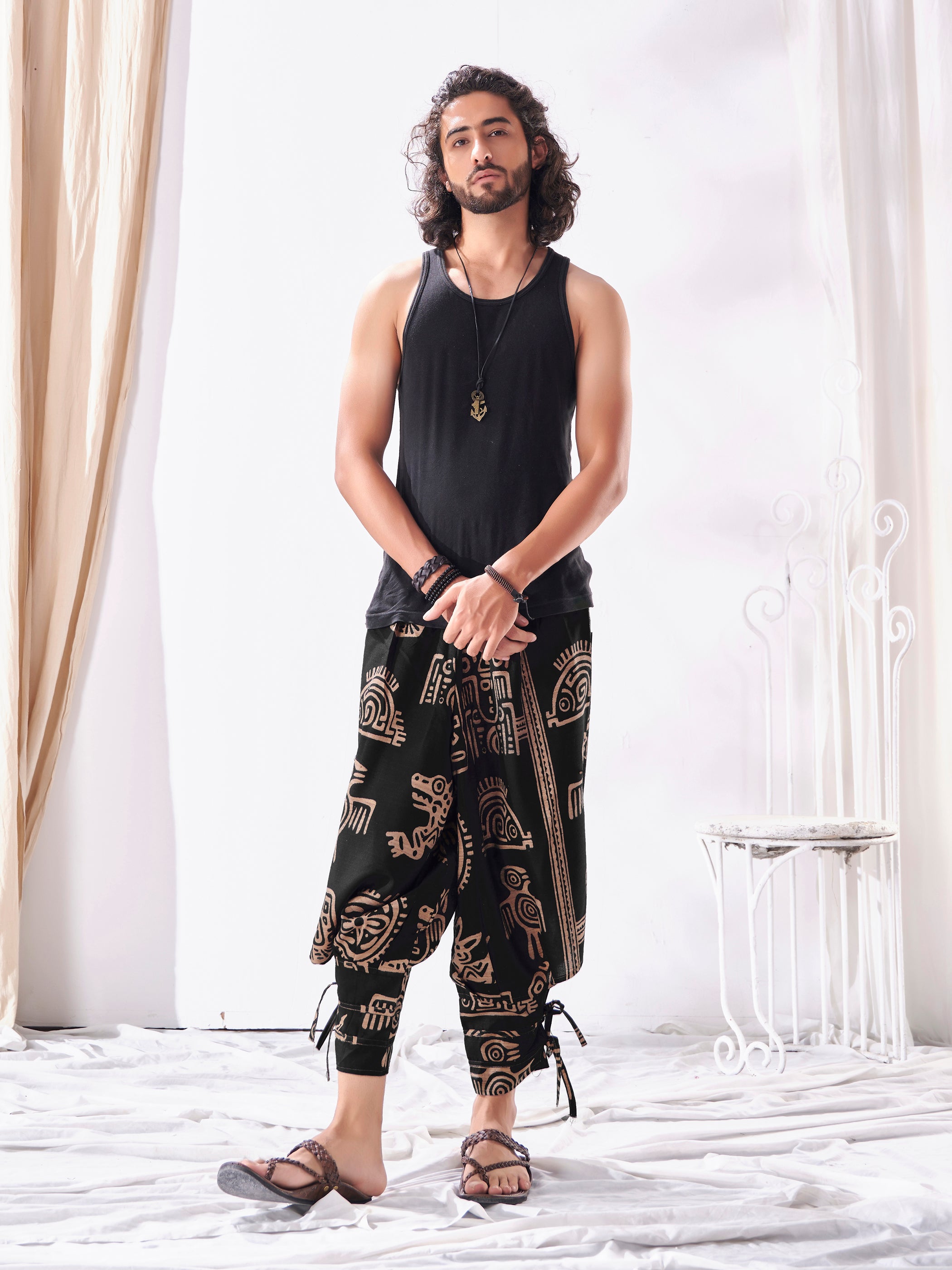 Harem Pants with Shiny Sequin Dot Panels in Black and Gold