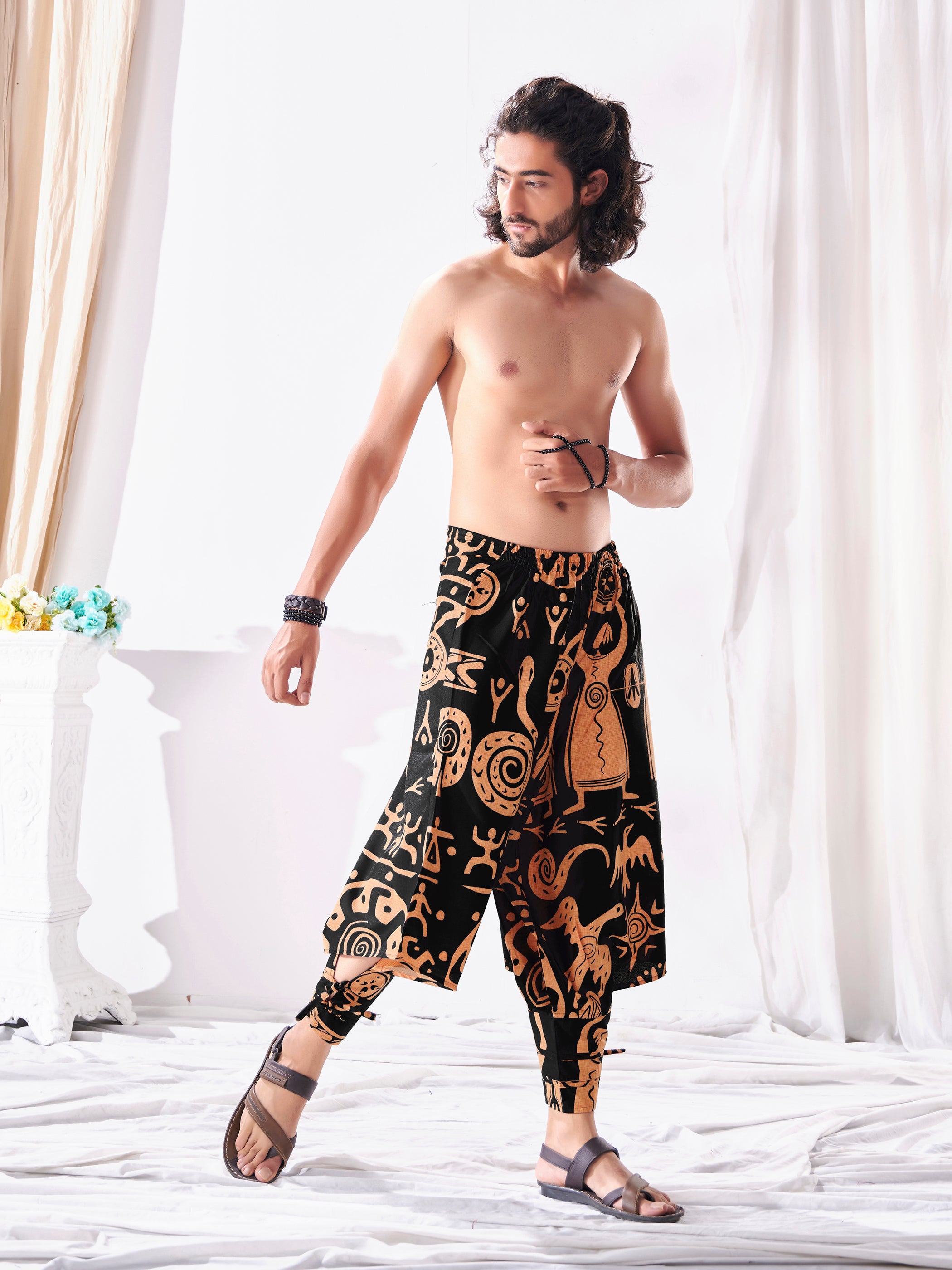 Men's Premium Low crotch Loose Boho Yoga Harem Pants (Twisted Wisdom  Grey-White)