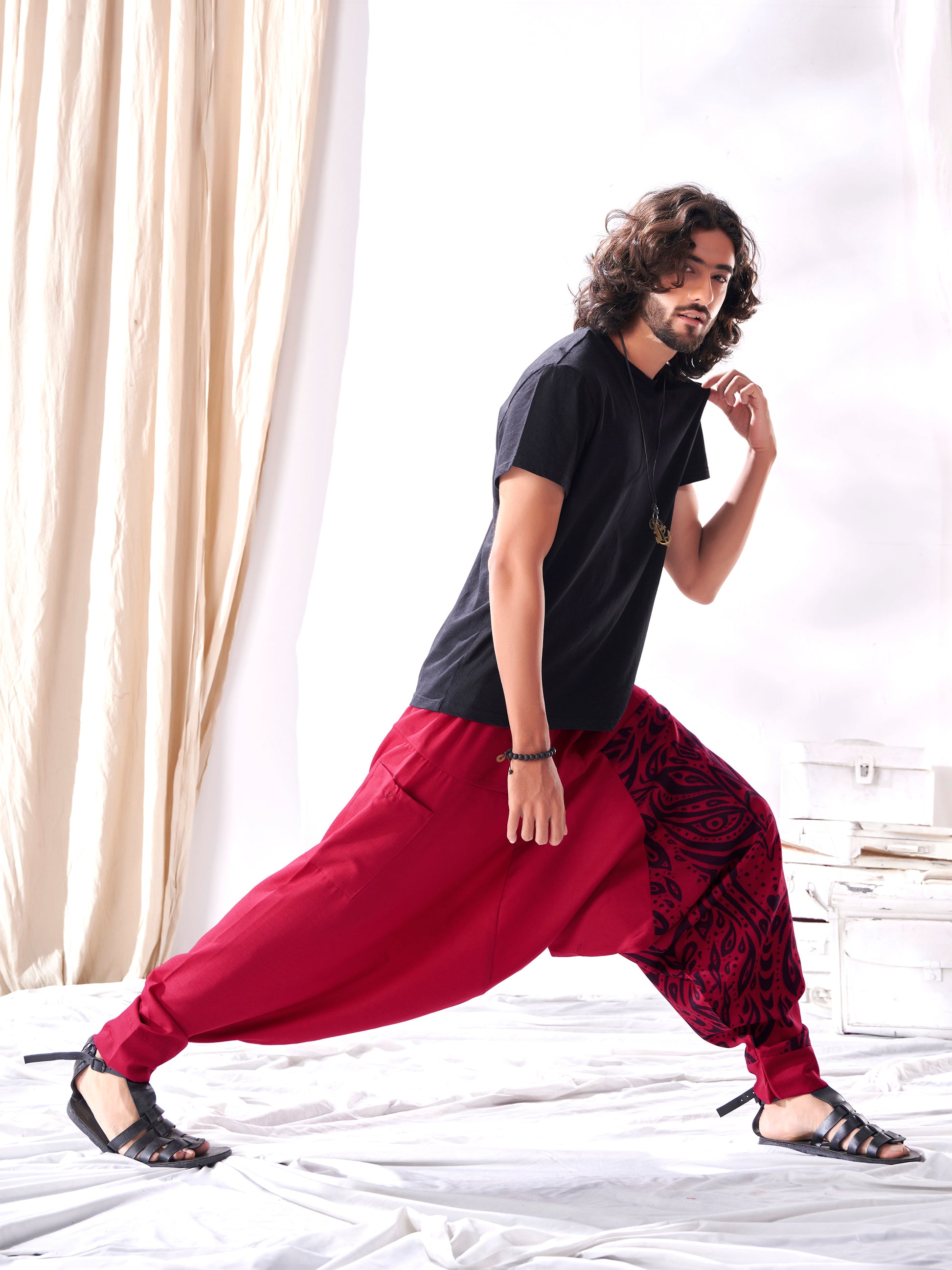Men's Arabic Vintage Boho Hippy Red Harem Pants Aladdin Balloon Pyjamas